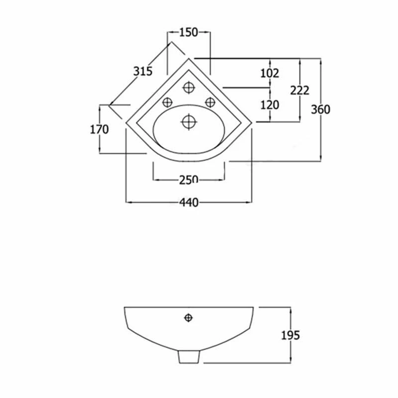 Essential LILY Corner Basin Only 440mm Wide 1 Tap Hole - EC1013 2 Essential LILY Corner Basin Only 440mm Wide 1 Tap Hole - EC1013 - Image 2