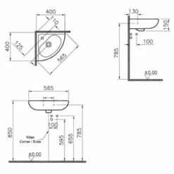 Vitra Arkitekt 40cm Corner Two Tap Hole Basin - Basin Only - 6093L003-0267