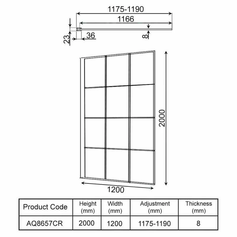 Aquadart Wetroom 8 Glass Panel 1200mm Matrix - AQ8657CR 2 Aquadart Wetroom 8 Glass Panel 1200mm Matrix - AQ8657CR - Image 2