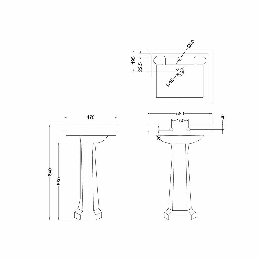 Burlington Contemporary 58cm One Tap Hole Square Basin - White - B11TH 2 Burlington Contemporary 58cm One Tap Hole Square Basin - White - B11TH - Image 2