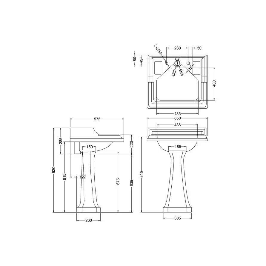Burlington Classic 65cm Two Tap Hole Square Basin With Invisible Overflow - White - B14 2 Burlington Classic 65cm Two Tap Hole Square Basin With Invisible Overflow - White - B14 - Image 2