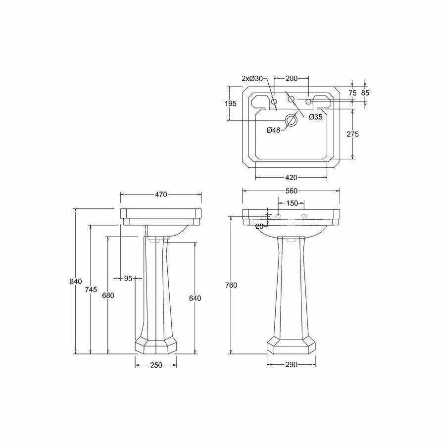 Burlington Victorian 56cm Three Tap Hole Basin - White - B23TH 2 Burlington Victorian 56cm Three Tap Hole Basin - White - B23TH - Image 2