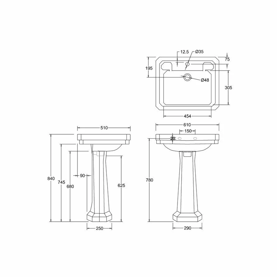 Burlington Victorian 61cm Two Tap Hole Basin - White - B32TH 2 Burlington Victorian 61cm Two Tap Hole Basin - White - B32TH - Image 2