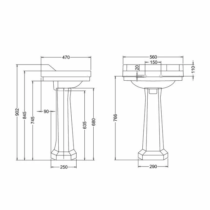 Burlington Edwardian 56cm Two Tap Hole Rectangular Basin - White - B42TH 2 Burlington Edwardian 56cm Two Tap Hole Rectangular Basin - White - B42TH - Image 2