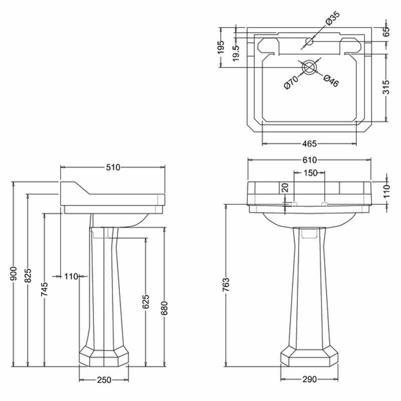Burlington Edwardian 61cm One Tap Hole Square Basin - White - B51TH 2 Burlington Edwardian 61cm One Tap Hole Square Basin - White - B51TH - Image 2