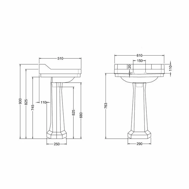 Burlington Edwardian 61cm Two Tap Hole Square Basin - White - B52TH 2 Burlington Edwardian 61cm Two Tap Hole Square Basin - White - B52TH - Image 2