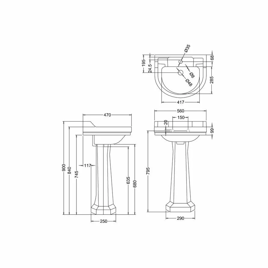 Burlington Edwardian 56cm Two Tap Hole Round Basin - White - B62TH 2 Burlington Edwardian 56cm Two Tap Hole Round Basin - White - B62TH - Image 2