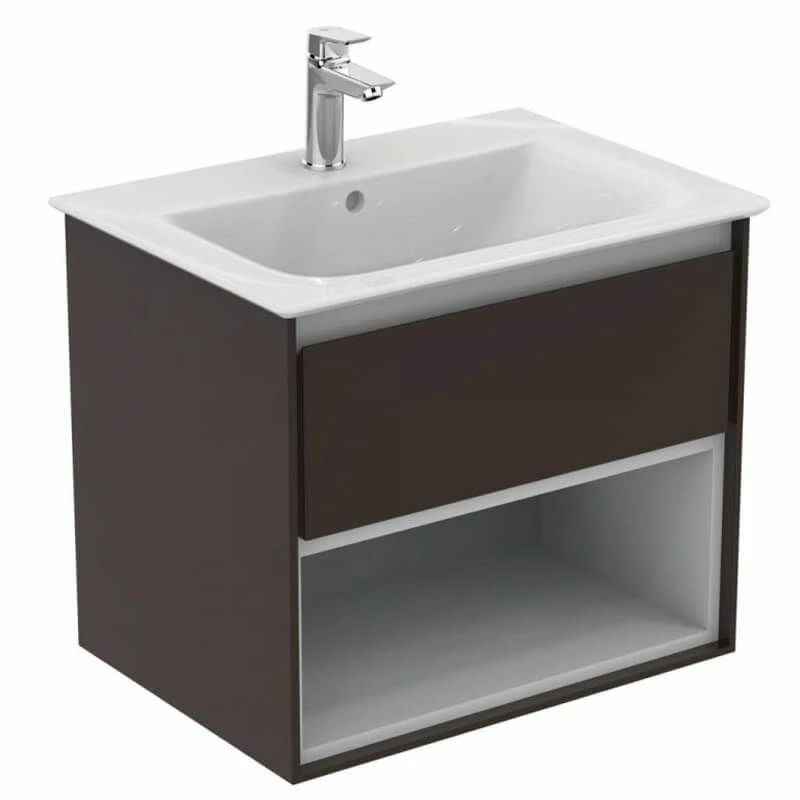 Ideal Standard Connect Air 600mm Wall Hung Vanity Unit 1 Drawer With Open Shelf - Matt Dark Brown & Matt White - E0826VY 1 Ideal Standard Connect Air 600mm Wall Hung Vanity Unit 1 Drawer With Open Shelf - Matt Dark Brown & Matt White - E0826VY