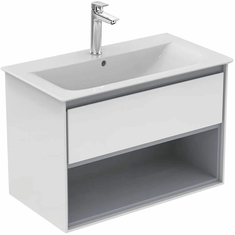 Ideal Standard Connect Air 800mm Wall Hung Vanity Unit 1 Drawer With Open Shelf - Gloss White & Matt Grey - E0827KN 1 Ideal Standard Connect Air 800mm Wall Hung Vanity Unit 1 Drawer With Open Shelf - Gloss White & Matt Grey - E0827KN