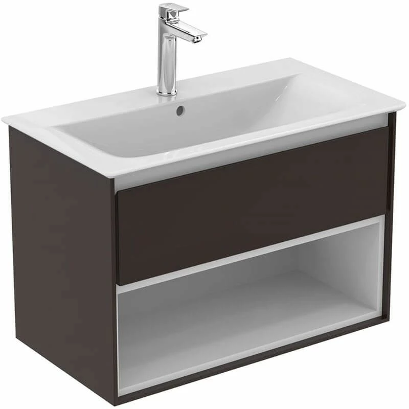 Ideal Standard Connect Air 800mm Wall Hung Vanity Unit 1 Drawer With Open Shelf - Matt Dark Brown & Matt White - E0827VY 1 Ideal Standard Connect Air 800mm Wall Hung Vanity Unit 1 Drawer With Open Shelf - Matt Dark Brown & Matt White - E0827VY