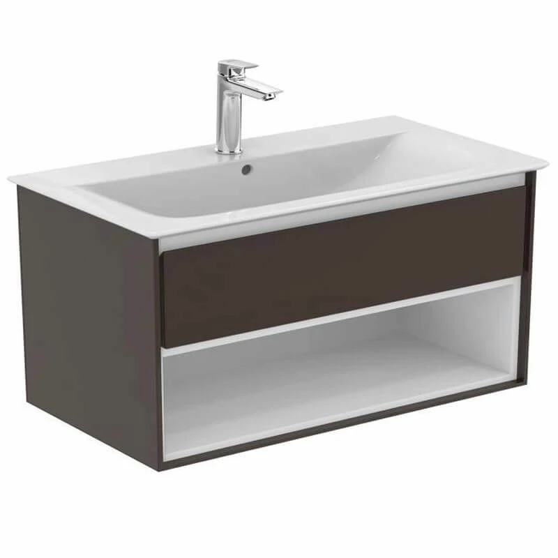 Ideal Standard Connect Air 1000mm Wall Hung Vanity Unit 1 Drawer With Open Shelf - Matt Dark Brown & Matt White - E0828VY 1 Ideal Standard Connect Air 1000mm Wall Hung Vanity Unit 1 Drawer With Open Shelf - Matt Dark Brown & Matt White - E0828VY