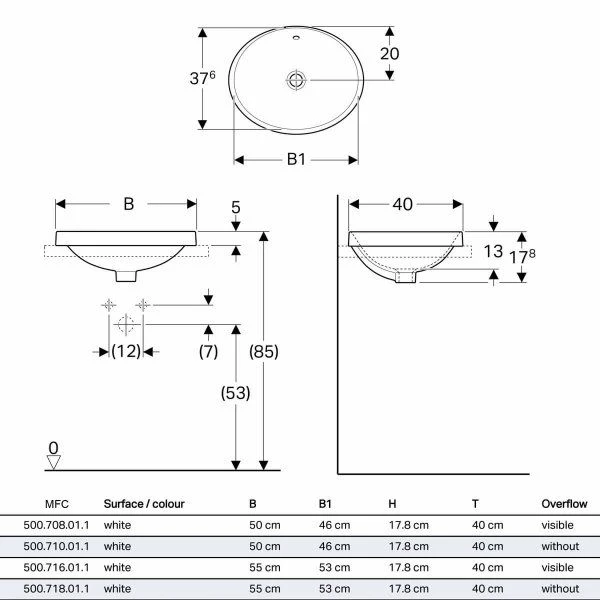 Geberit Variform 500 X 400mm Oval Countertop Basin 0 Taphole With Visible Overflow - 500.708.01.2 2 Geberit Variform 500 X 400mm Oval Countertop Basin 0 Taphole With Visible Overflow - 500.708.01.2 - Image 2
