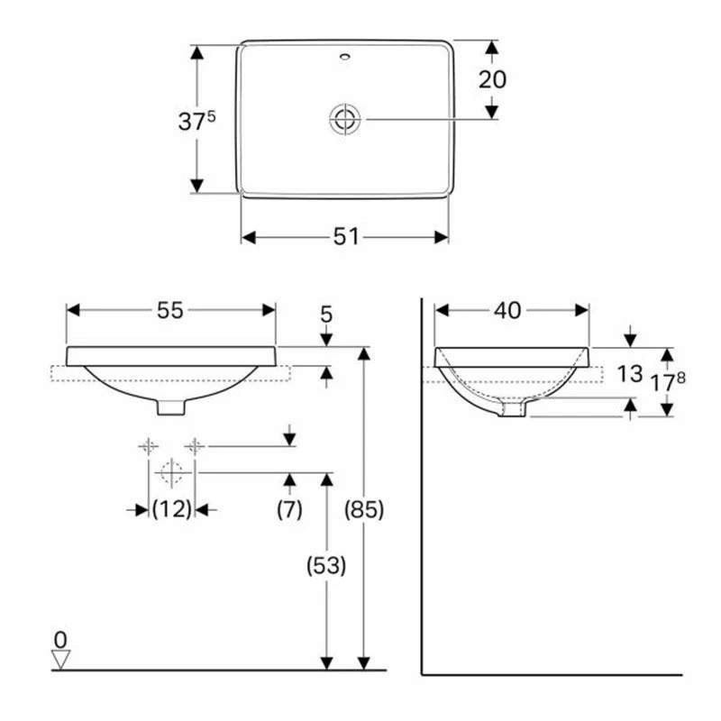 Geberit Variform 550 X 400mm Rectangular Countertop Basin 0 Taphole Without Visible Overflow - 500.738.01.2 2 Geberit Variform 550 X 400mm Rectangular Countertop Basin 0 Taphole Without Visible Overflow - 500.738.01.2 - Image 2