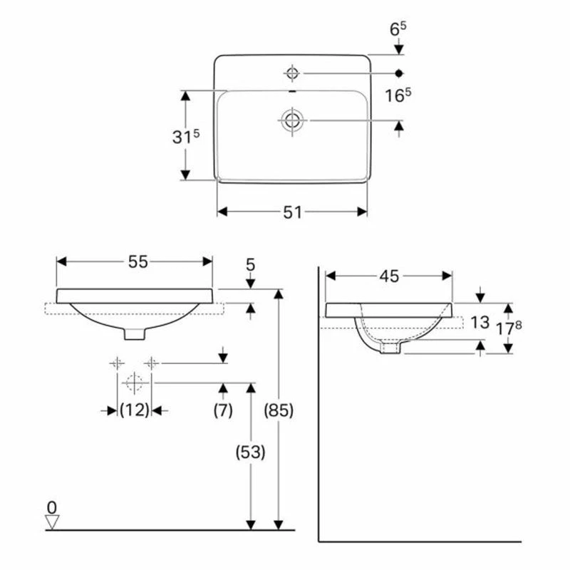 Geberit Variform 550 X 450mm Rectangular Countertop Basin 1 Taphole With Visible Overflow - 500.740.01.2 2 Geberit Variform 550 X 450mm Rectangular Countertop Basin 1 Taphole With Visible Overflow - 500.740.01.2 - Image 2