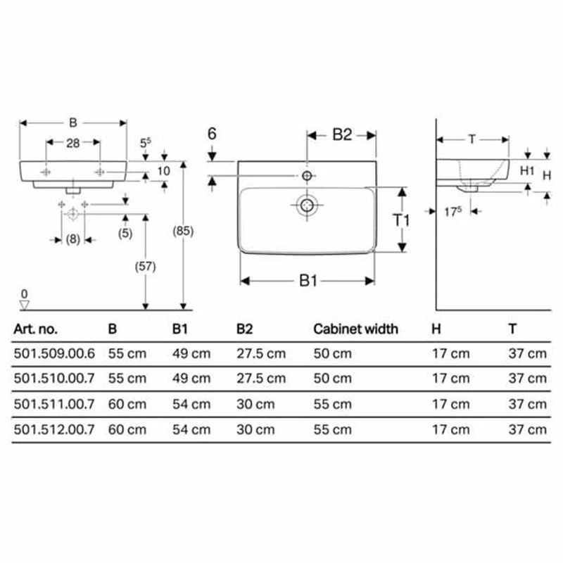 Geberit Selnova Compact Washbasin 600mm - 2 Tap Holes - 501.512.00.7 2 Geberit Selnova Compact Washbasin 600mm - 2 Tap Holes - 501.512.00.7 - Image 2