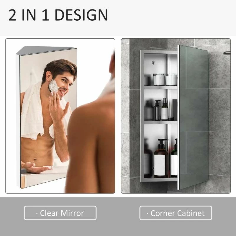 HOMCOM Stainless Steel Wall Mounted Bathroom Corner Mirror Storage Cabinet With Single Door - Silver - 02-0551 2 HOMCOM Stainless Steel Wall Mounted Bathroom Corner Mirror Storage Cabinet With Single Door - Silver - 02-0551 - Image 2