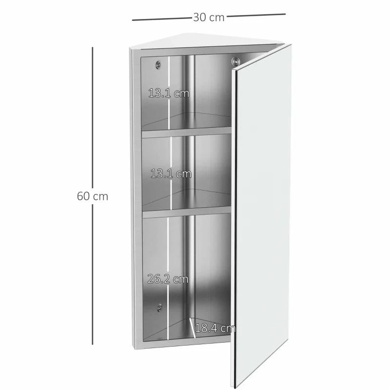 HOMCOM Stainless Steel Wall Mounted Bathroom Corner Mirror Storage Cabinet With Single Door - Silver - 02-0551 3 HOMCOM Stainless Steel Wall Mounted Bathroom Corner Mirror Storage Cabinet With Single Door - Silver - 02-0551 - Image 3