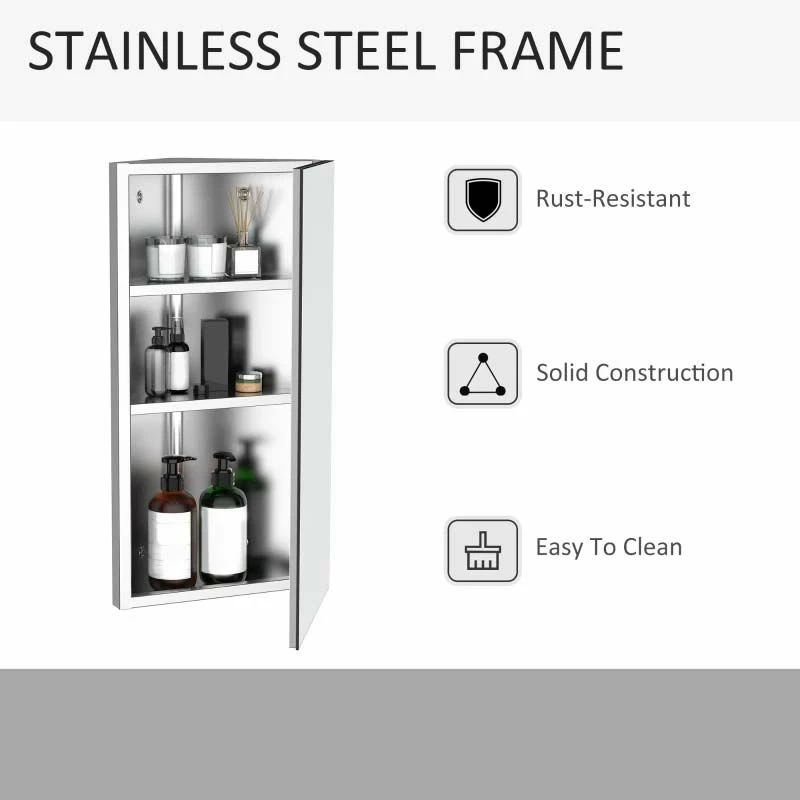 HOMCOM Stainless Steel Wall Mounted Bathroom Corner Mirror Storage Cabinet With Single Door - Silver - 02-0551 4 HOMCOM Stainless Steel Wall Mounted Bathroom Corner Mirror Storage Cabinet With Single Door - Silver - 02-0551 - Image 4