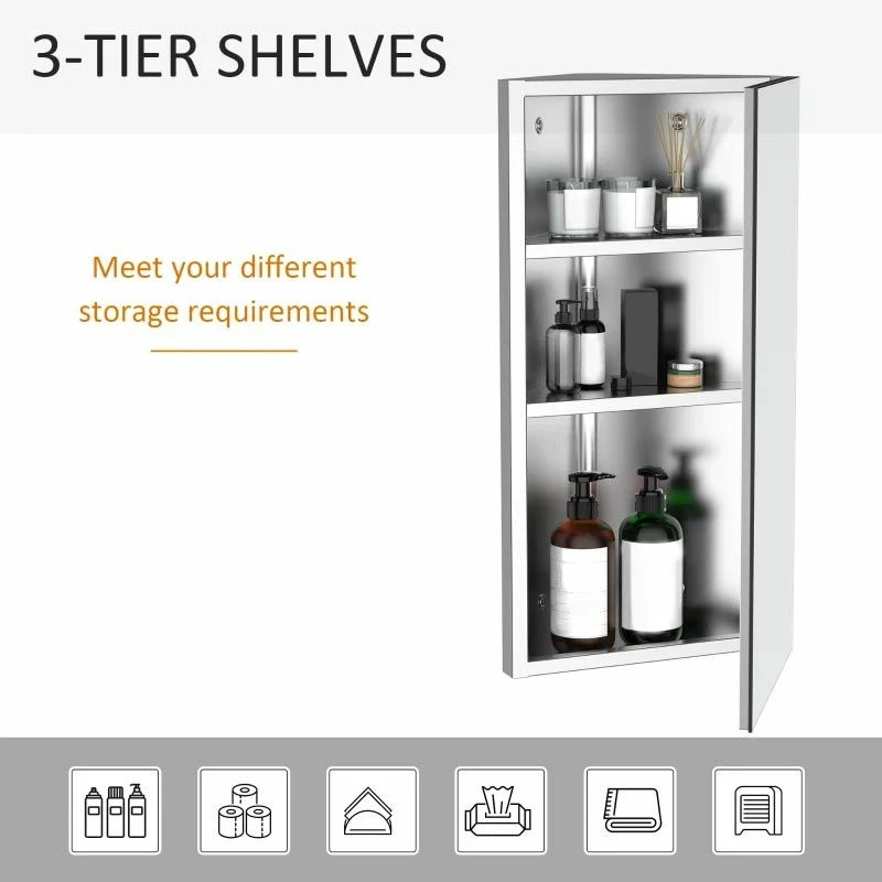 HOMCOM Stainless Steel Wall Mounted Bathroom Corner Mirror Storage Cabinet With Single Door - Silver - 02-0551 6 HOMCOM Stainless Steel Wall Mounted Bathroom Corner Mirror Storage Cabinet With Single Door - Silver - 02-0551 - Image 6