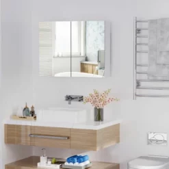 HOMCOM Wall Mounted Double Door Waterproof Glass Mirror Cabinet 80W X 60D X 15H Cm - White - 834-044 8 HOMCOM Wall Mounted Double Door Waterproof Glass Mirror Cabinet 80W X 60D X 15H Cm - White - 834-044 -IDEAL STANDARD Shop h o 834 044 homcom glass mirror storage cabinet lifestyle