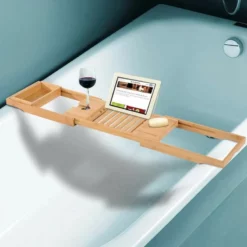 HOMCOM Extendable Bamboo Bathtub Shelf - Bamboo - 834-072 -IDEAL STANDARD Shop h o 834 072 homcom bamboo bathtub shelf lifestyle