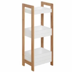 HOMCOM 3-Tier Bathroom Rack Storage Shelf Shower Tower - White & Bamboo - 834-099