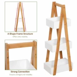 HOMCOM 3 Tier A Frame Bathroom Shower Caddy Storage Unit Shelving Organizer - White & Natural Wood - 834-100 -IDEAL STANDARD Shop h o 834 100 homcom bathroom caddy storage unit features2