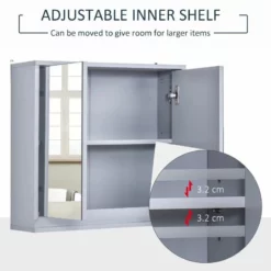 HOMCOM Wall Mounted Bathroom Mirror Cabinet Storage Shelf With Double Door 48 X 14.5 X 45cm - Grey - 834-172 -IDEAL STANDARD Shop h o 834 172 homcom bathroom mirror cabinet adjustable