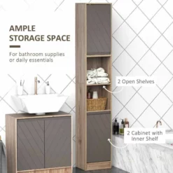 HOMCOM Freestanding Anti-Tipping Bathroom Storage Cabinet With 2 Cupboards 30L X 24W X 170H Cm - Grey & Brown - 834-240 -IDEAL STANDARD Shop h o 834 240 homcom bathroom storage cabinet storage