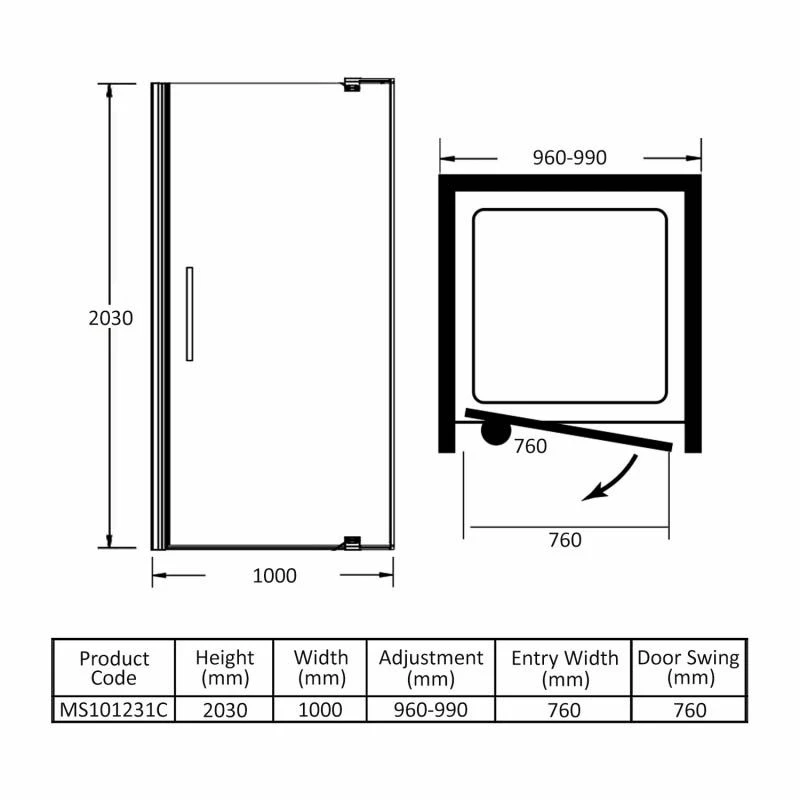Merlyn 10 Series Pivot Shower Door With Tray 1000mm - MS101231C 6 Merlyn 10 Series Pivot Shower Door With Tray 1000mm - MS101231C - Image 6