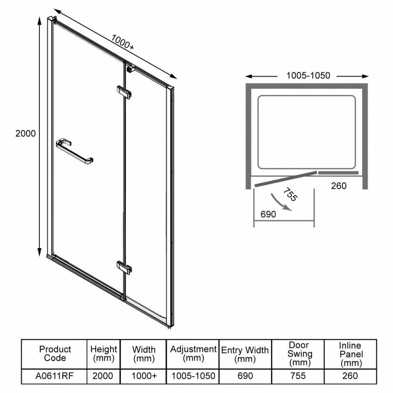 Merlyn 8 Series Frameless Hinge & Inline Shower Door 1000+mm - A0611RF 6 Merlyn 8 Series Frameless Hinge & Inline Shower Door 1000+mm - A0611RF - Image 6