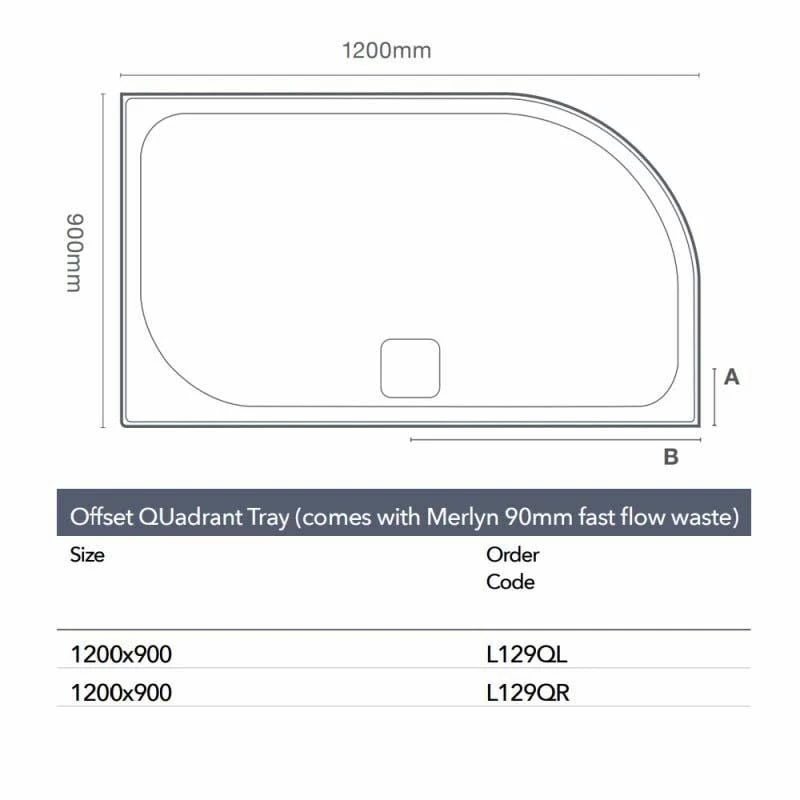 Merlyn Level 25 Offset Quadrant Shower Tray Left Hand With 90mm Fast Flow Waste & Cover - White - 1200 X 900mm - L129QL 2 Merlyn Level 25 Offset Quadrant Shower Tray Left Hand With 90mm Fast Flow Waste & Cover - White - 1200 X 900mm - L129QL - Image 2
