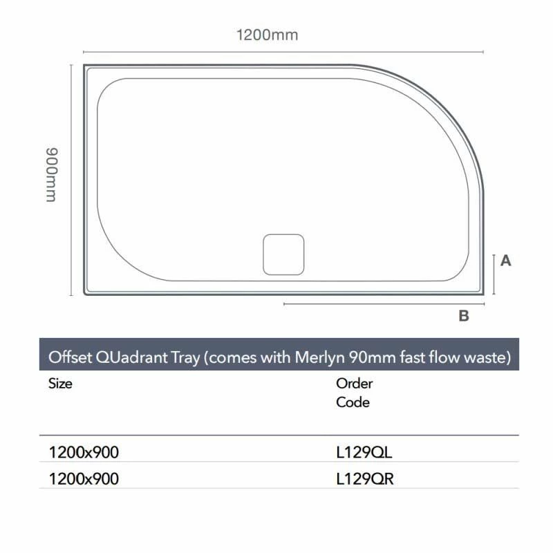 Merlyn Level 25 Offset Quadrant Shower Tray Right Hand With 90mm Fast Flow Waste & Cover - White - 1200 X 900mm - L129QR 2 Merlyn Level 25 Offset Quadrant Shower Tray Right Hand With 90mm Fast Flow Waste & Cover - White - 1200 X 900mm - L129QR - Image 2