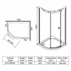 Merlyn 10 Series 1 Door Offset Quadrant Shower Enclosure Left Hand With Tray 1400 X 800mm - M10148HBL -IDEAL STANDARD Shop m e merlyn m10148hbl dimensions