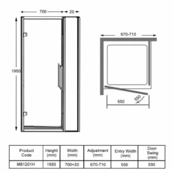 Merlyn 8 Series Hinge And Inline Panel 700mm+ Wide - 670-710mm - M81201H -IDEAL STANDARD Shop m e merlyn m81201h dimensions