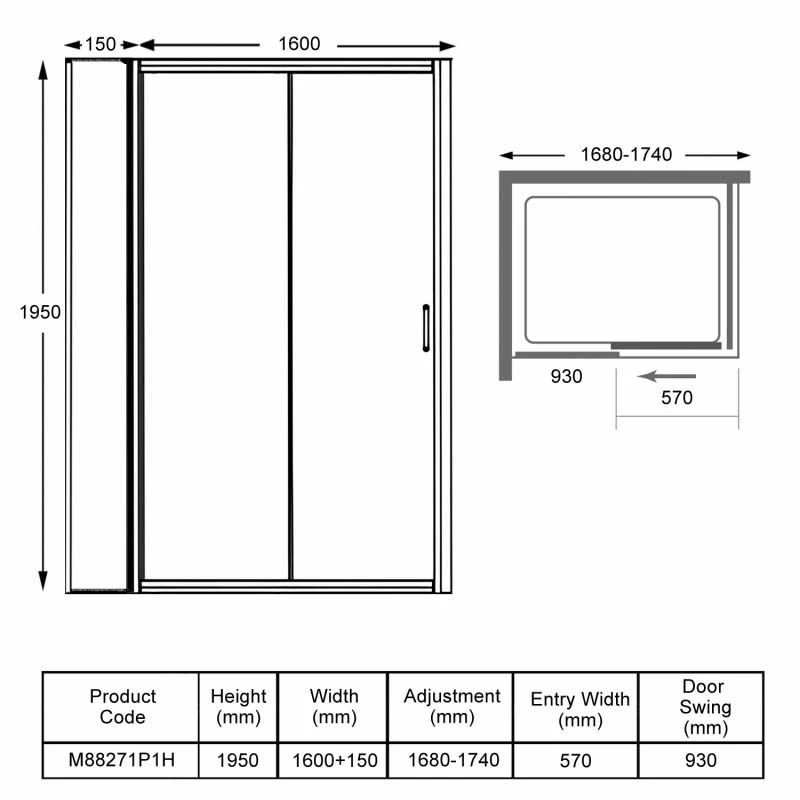 Merlyn 8 Series Sliding Shower Door And Inline Panel 1700mm+ Wide - 1680-1740mm - M88271P1H 3 Merlyn 8 Series Sliding Shower Door And Inline Panel 1700mm+ Wide - 1680-1740mm - M88271P1H - Image 3