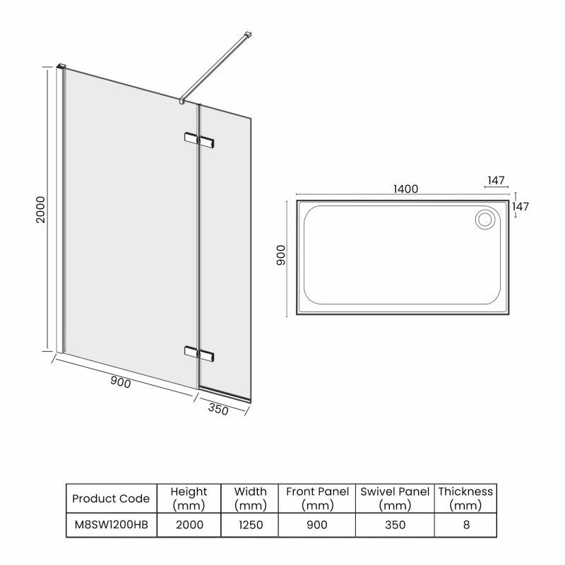 Merlyn 8 Series Showerwall With Hinged Swivel Panel Including Merlyn Mstone Tray 1400 X 900mm - M8SW1200HB 3 Merlyn 8 Series Showerwall With Hinged Swivel Panel Including Merlyn Mstone Tray 1400 X 900mm - M8SW1200HB - Image 3