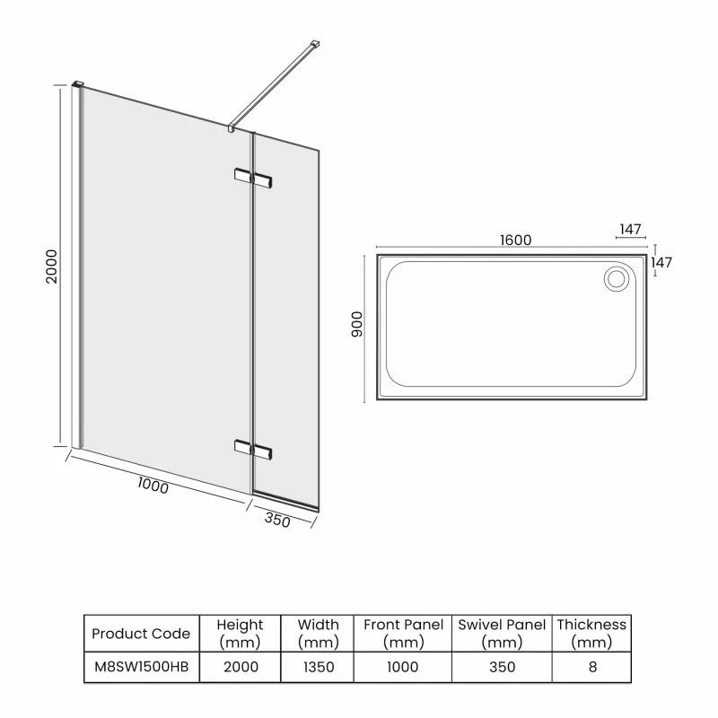 Merlyn 8 Series Showerwall With Hinged Swivel Panel Including Merlyn Mstone Tray 1600 X 900mm - M8SW1500HB 3 Merlyn 8 Series Showerwall With Hinged Swivel Panel Including Merlyn Mstone Tray 1600 X 900mm - M8SW1500HB - Image 3