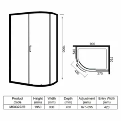 Merlyn 8 Series 1 Door Offset Quadrant Right Hand With Tray 900 X 760mm - MS83222R 7 Merlyn 8 Series 1 Door Offset Quadrant Right Hand With Tray 900 X 760mm - MS83222R -IDEAL STANDARD Shop m e merlyn ms83222r dimensions