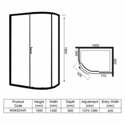 Merlyn 8 Series 1 Door Offset Quadrant Right Hand With Tray 1400 X 800mm - MS83244R -IDEAL STANDARD Shop m e merlyn ms83244r dimensions