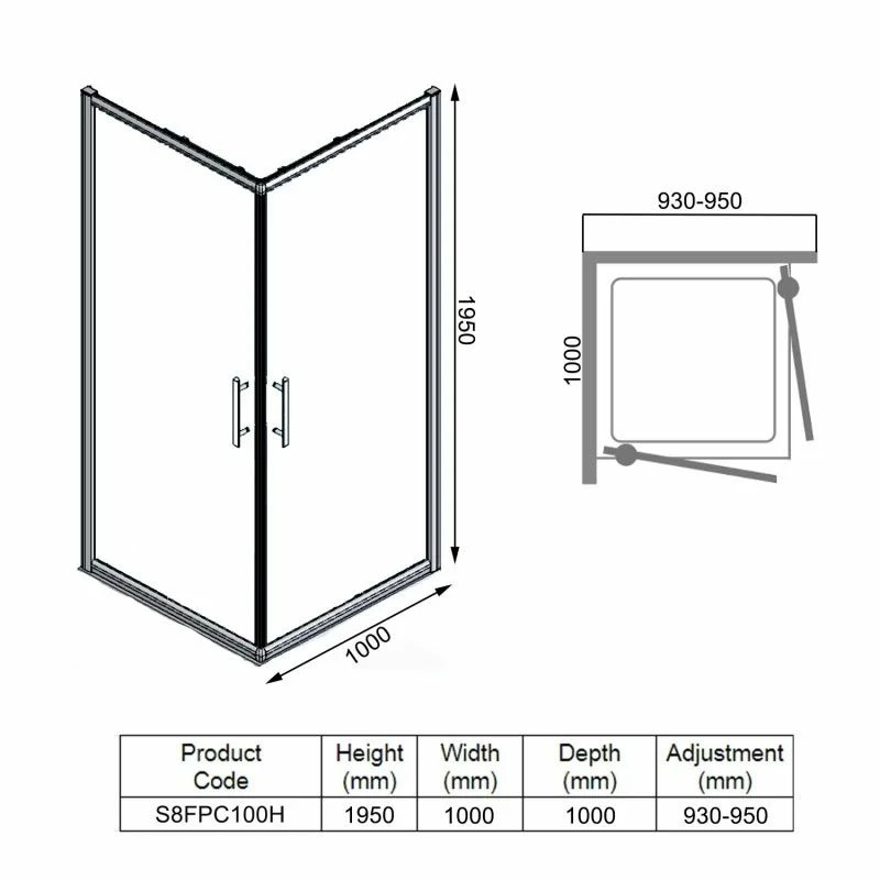 Merlyn 8 Series Frameless Double Pivot Shower Wall 1000 X 1000mm - S8FPC100H 6 Merlyn 8 Series Frameless Double Pivot Shower Wall 1000 X 1000mm - S8FPC100H - Image 6