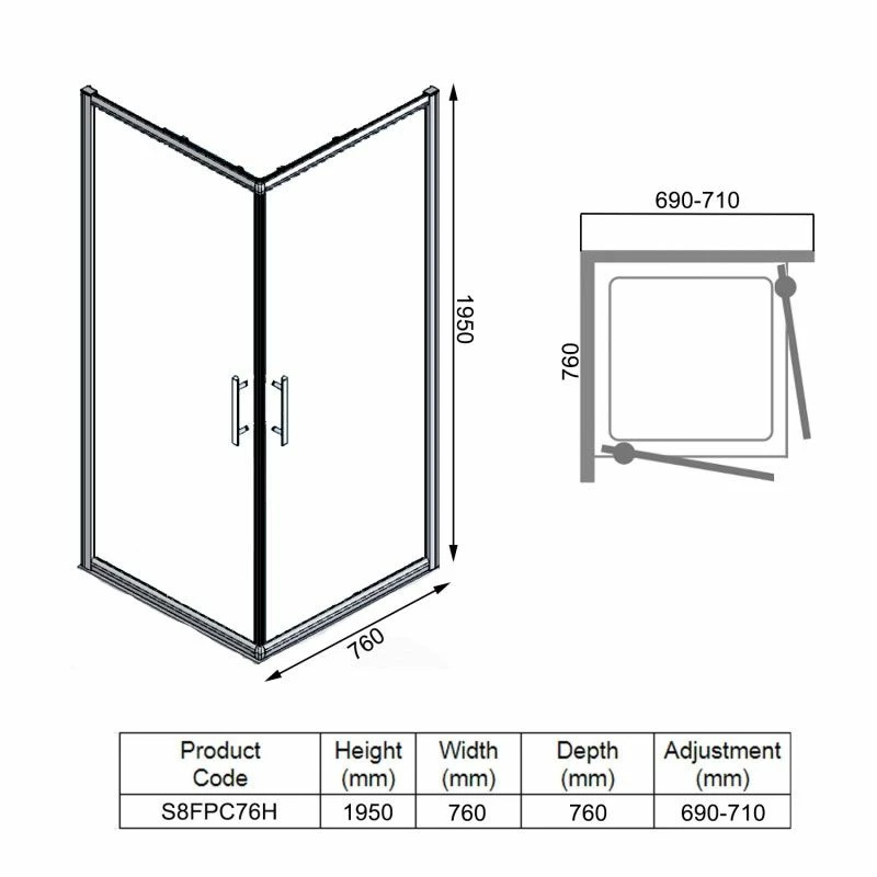 Merlyn 8 Series Frameless Double Pivot Shower Wall 760 X 760mm - S8FPC76H 6 Merlyn 8 Series Frameless Double Pivot Shower Wall 760 X 760mm - S8FPC76H - Image 6