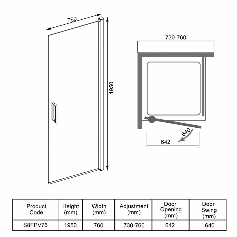 Merlyn 8 Series Frameless Pivot Shower Door 760mm - S8FPV76 6 Merlyn 8 Series Frameless Pivot Shower Door 760mm - S8FPV76 - Image 6