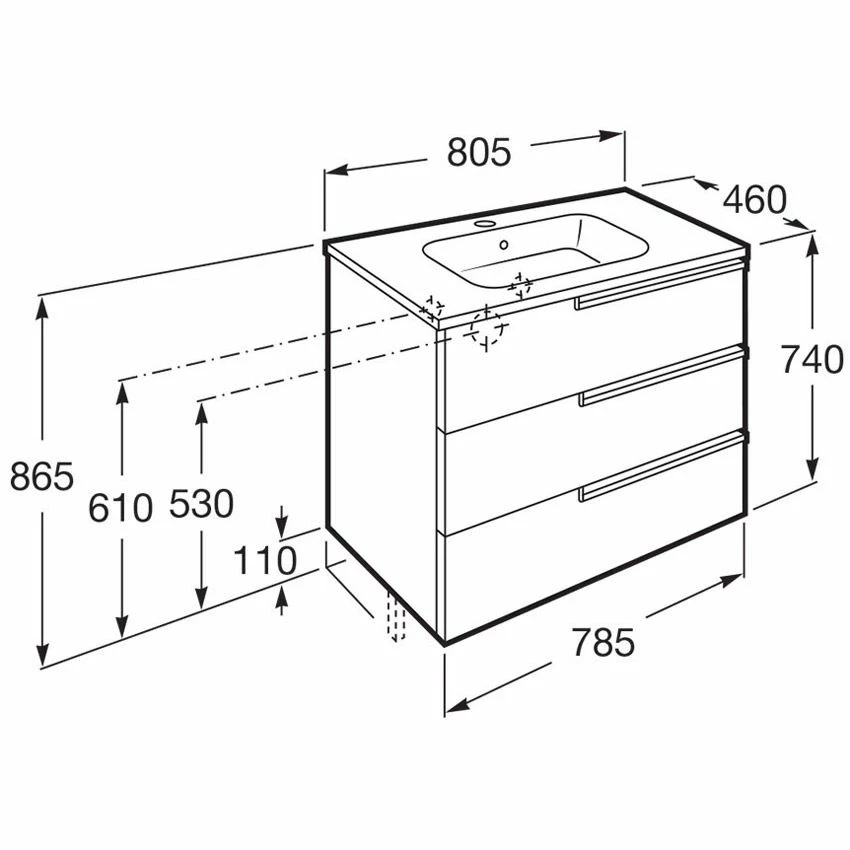 Roca Victoria-N 3 Drawer Vanity Unit & Basin 800mm - Gloss Grey - 855837153 2 Roca Victoria-N 3 Drawer Vanity Unit & Basin 800mm - Gloss Grey - 855837153 - Image 2