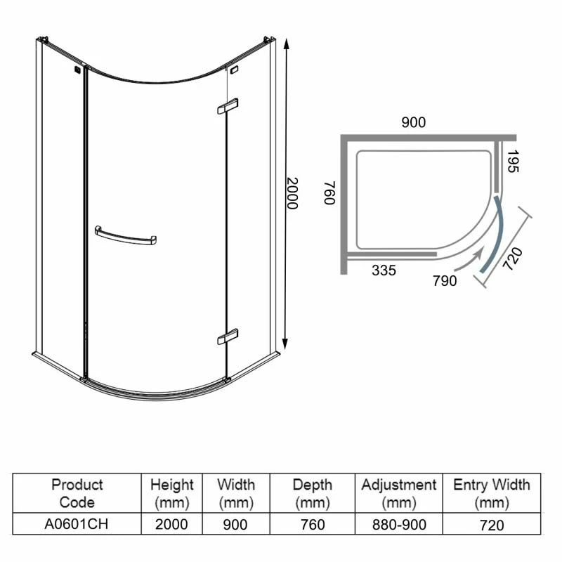 Merlyn 8 Series Frameless 1 Door Offset Quadrant Shower Enclosure 900 X 760mm - A0601CH 4 Merlyn 8 Series Frameless 1 Door Offset Quadrant Shower Enclosure 900 X 760mm - A0601CH - Image 4