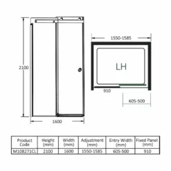 Merlyn 10 Series Sliding Shower Door Left Hand 1600mm - M108271CL 11 Merlyn 10 Series Sliding Shower Door Left Hand 1600mm - M108271CL -IDEAL STANDARD Shop merlyn m108271cl dimensions