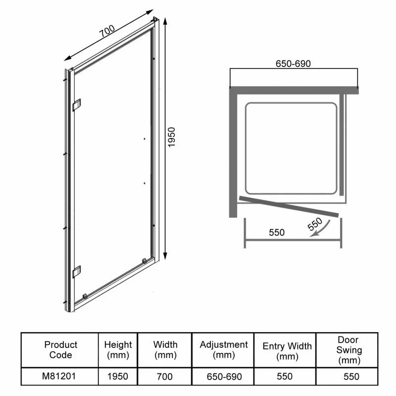 Merlyn 8 Series Hinge Shower Door 700mm - M81201 4 Merlyn 8 Series Hinge Shower Door 700mm - M81201 - Image 4