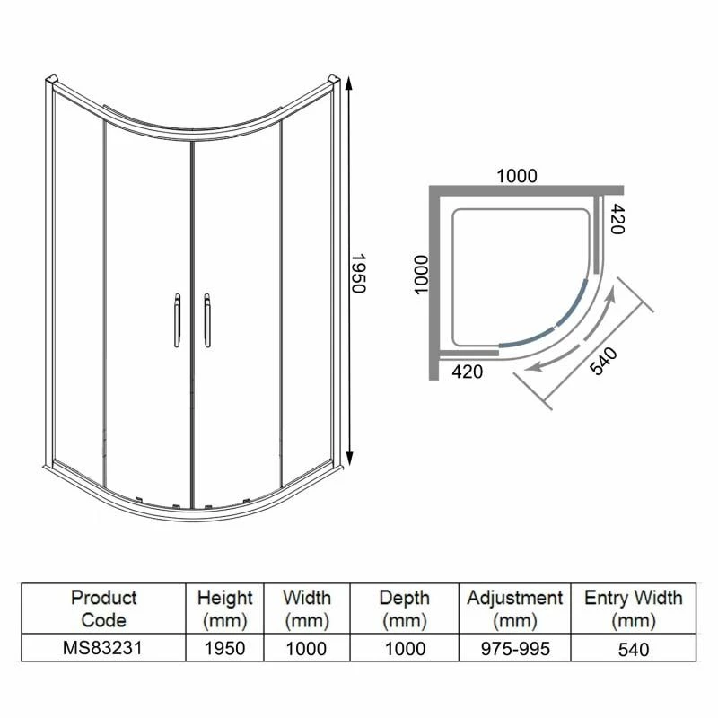 Merlyn 8 Series 2 Door Quadrant Shower Enclosure With Tray 1000 X 1000mm - MS83231 2 Merlyn 8 Series 2 Door Quadrant Shower Enclosure With Tray 1000 X 1000mm - MS83231 - Image 2