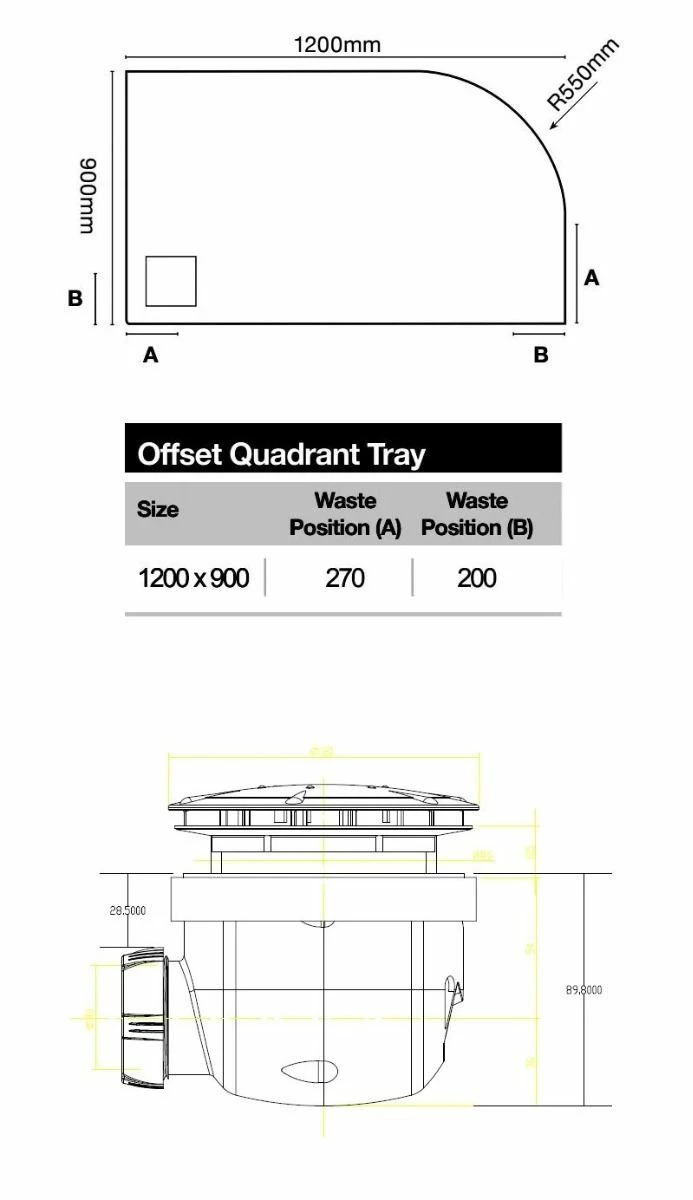 Merlyn Truestone Offset Quadrant Shower Tray Right Hand With Integrated Waste - White - 1200 X 900mm - T129HWR 5 Merlyn Truestone Offset Quadrant Shower Tray Right Hand With Integrated Waste - White - 1200 X 900mm - T129HWR - Image 5