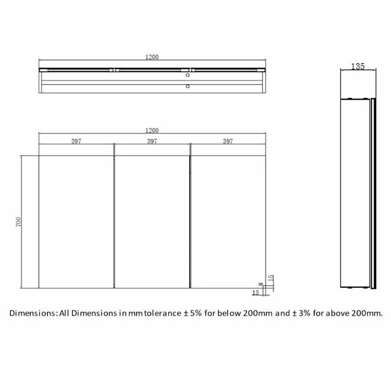 RAK Ceramics Gemini Alluminium Triple Door Mirrored Cabinet With Adjustable Shelves 700x1200mm - RAKGEM5003 2 RAK Ceramics Gemini Alluminium Triple Door Mirrored Cabinet With Adjustable Shelves 700x1200mm - RAKGEM5003 - Image 2
